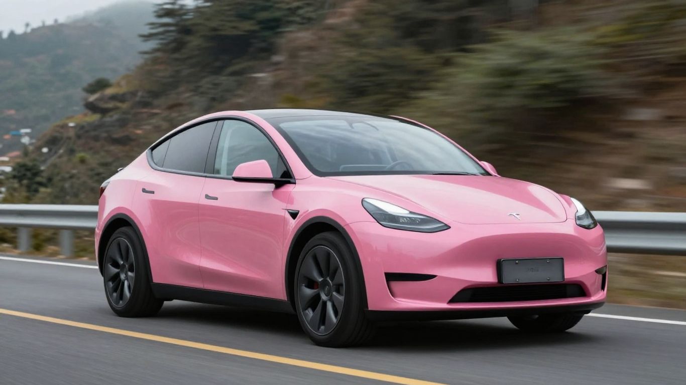 New Tesla Model Y driving on a scenic road.