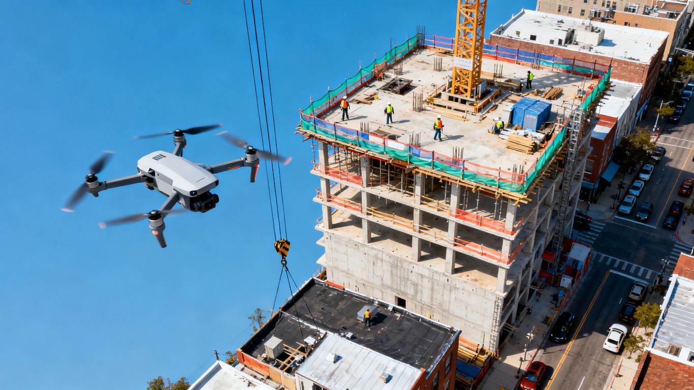 Drone flight near an active urban construction project