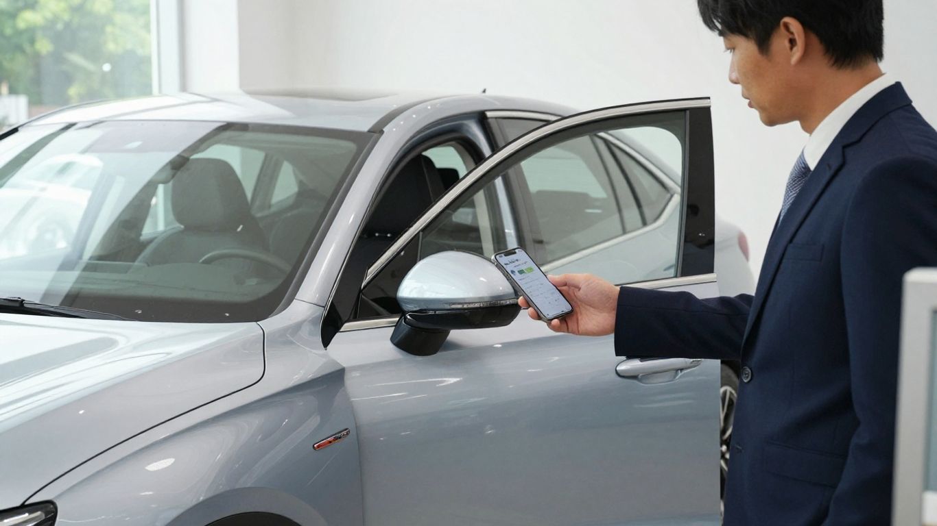 Autokäufer prüft Fahrzeugangebot am Smartphone