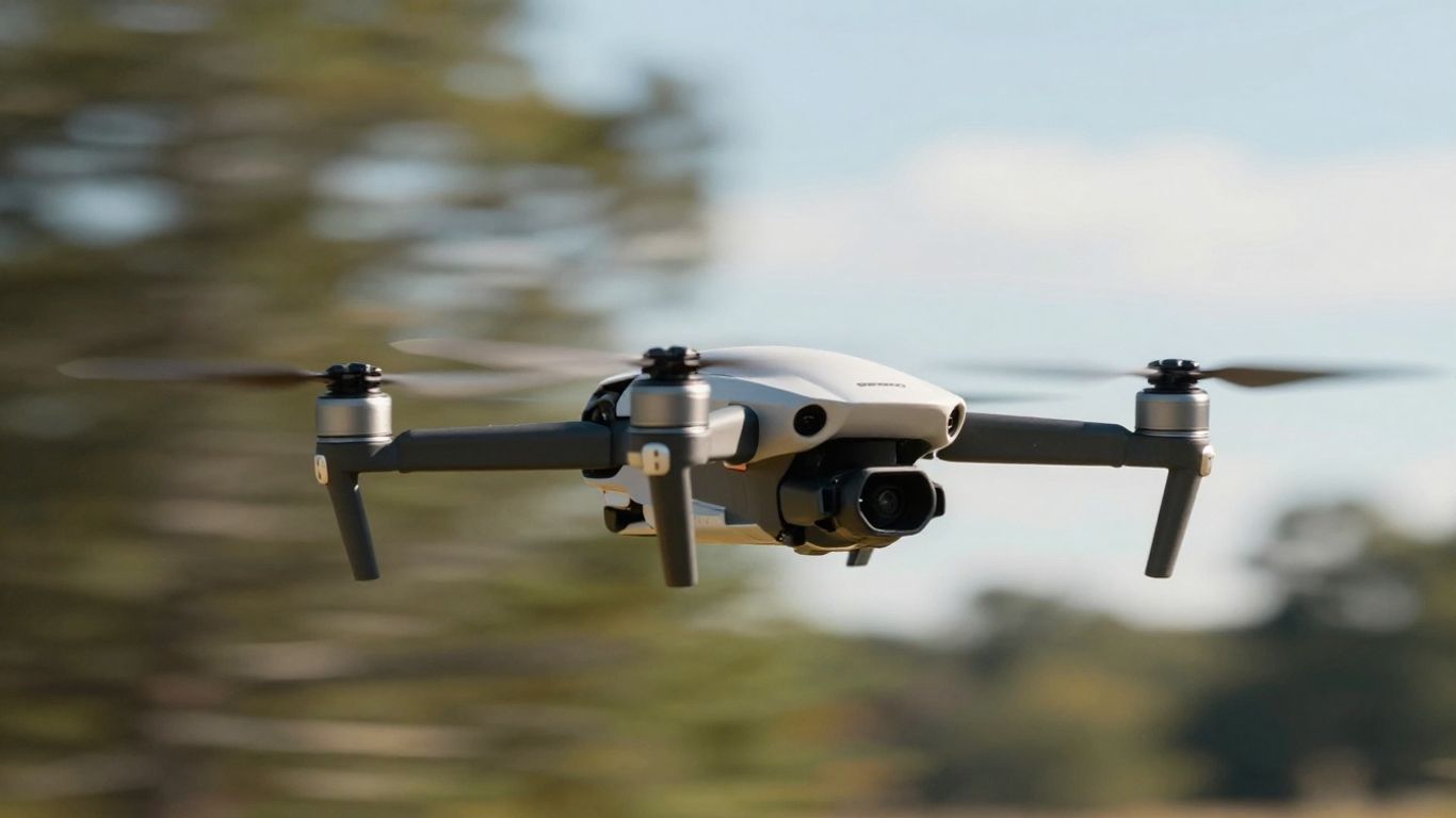 FPV drone in flight, close-up, dynamic motion.