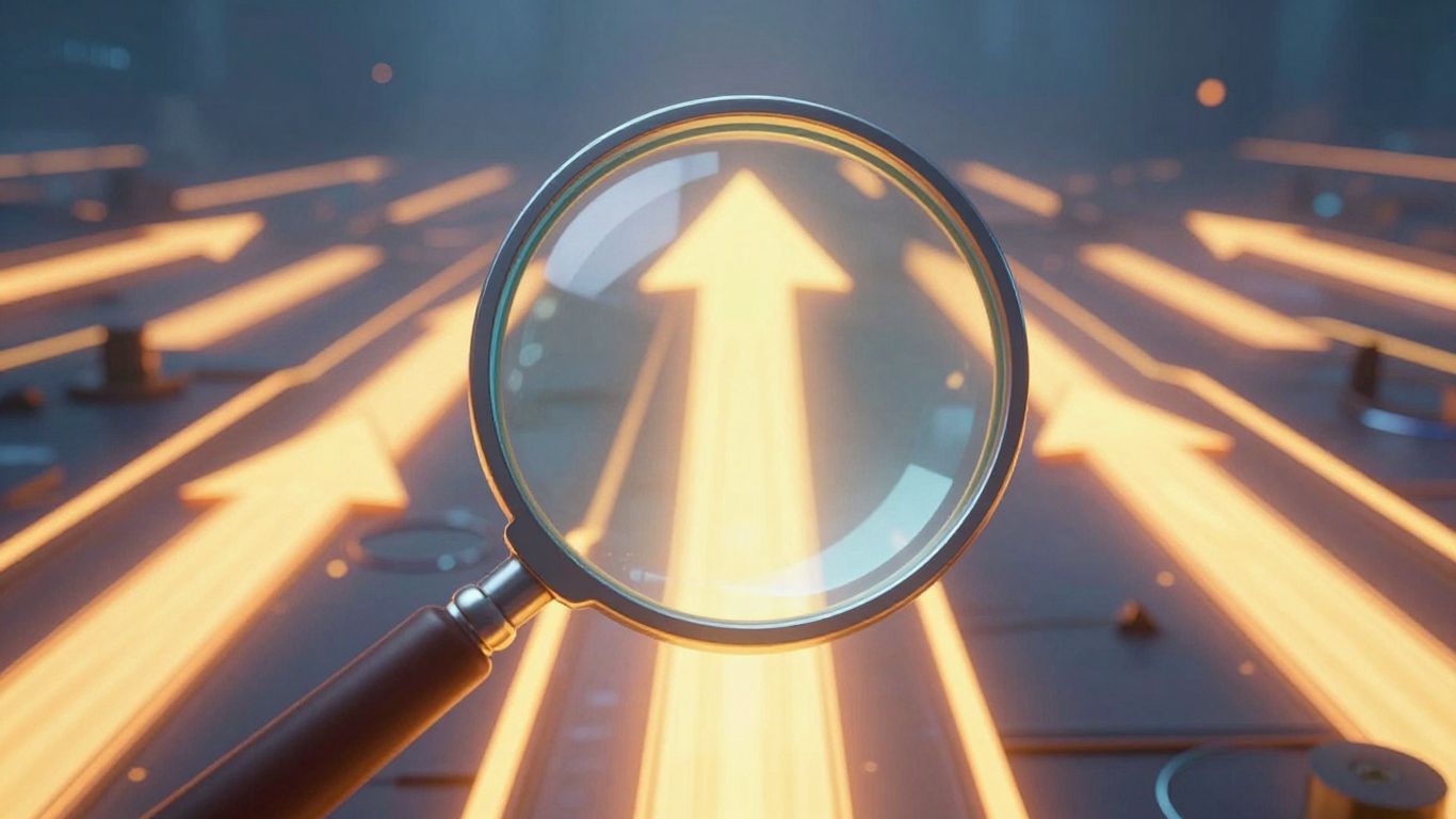 Digital landscape with upward growth pathways and magnifying glass.