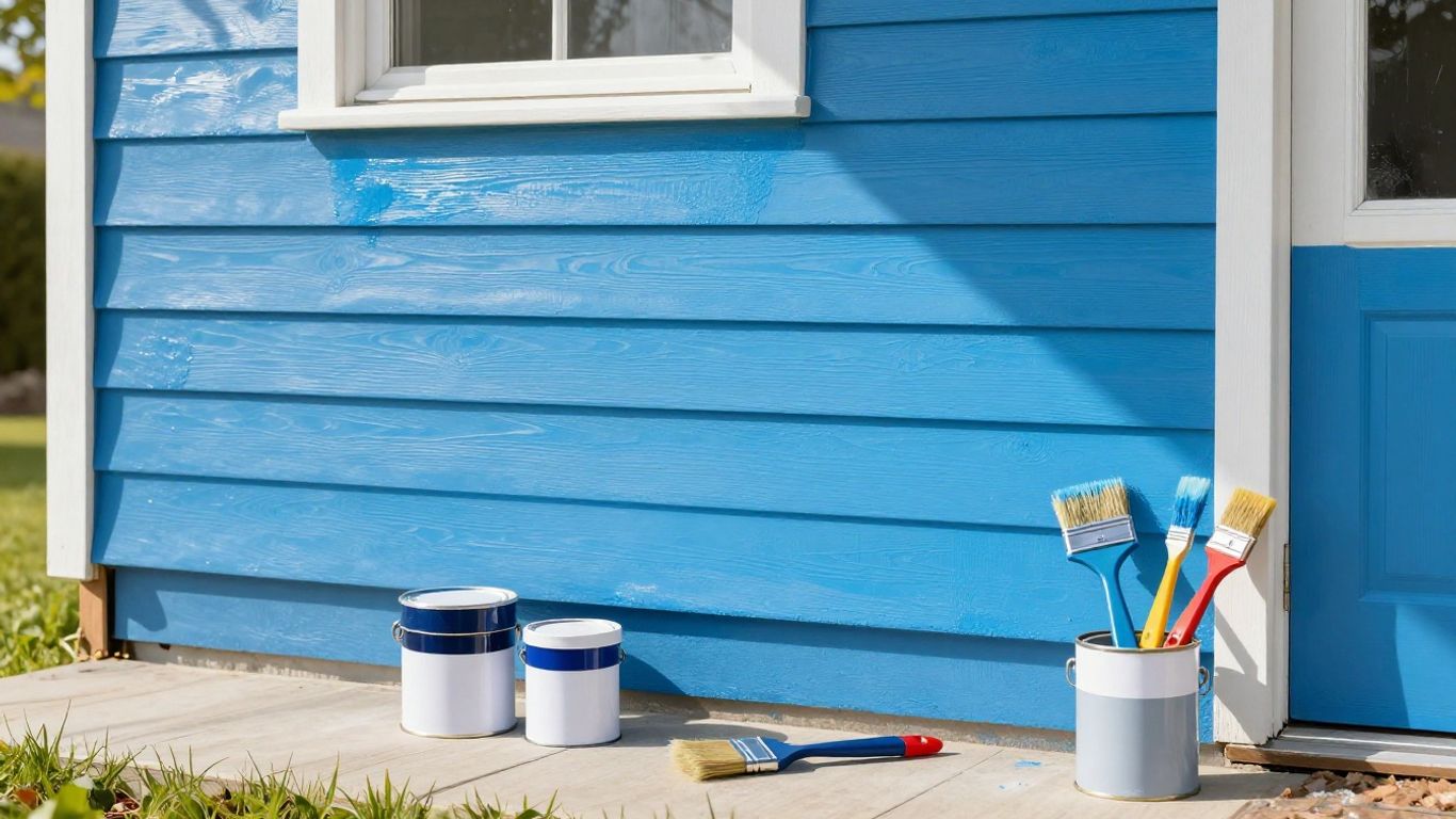 Painter applying blue paint to a house exterior.