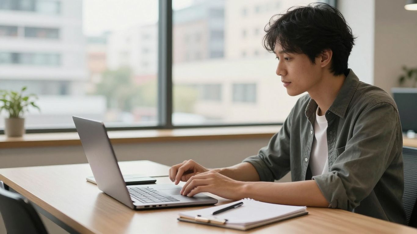 Remote worker comparing job listings in a bright coworking space