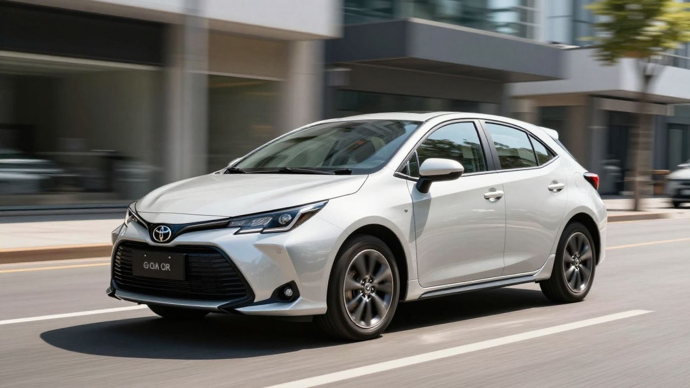 Toyota Yaris Hybrid fährt auf einer sonnigen Stadtstraße.