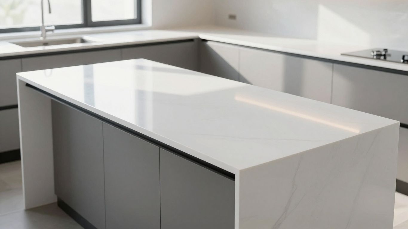 White gloss kitchen worktop reflecting light