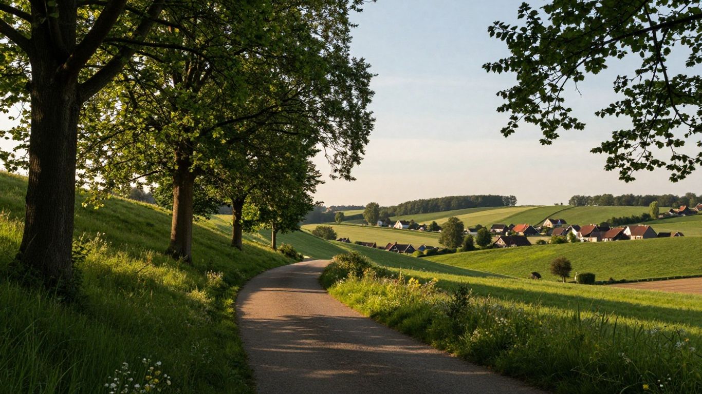 Bospad met zonlicht en glooiende heuvels in Zuid-Limburg.