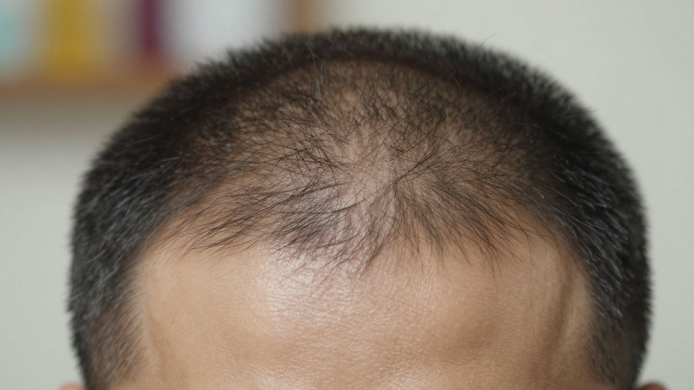 Person's scalp with thinning hair, close-up view.