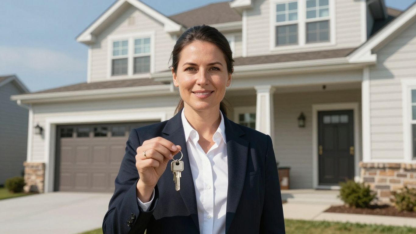 Pennsylvania real estate broker with keys in front of a house.