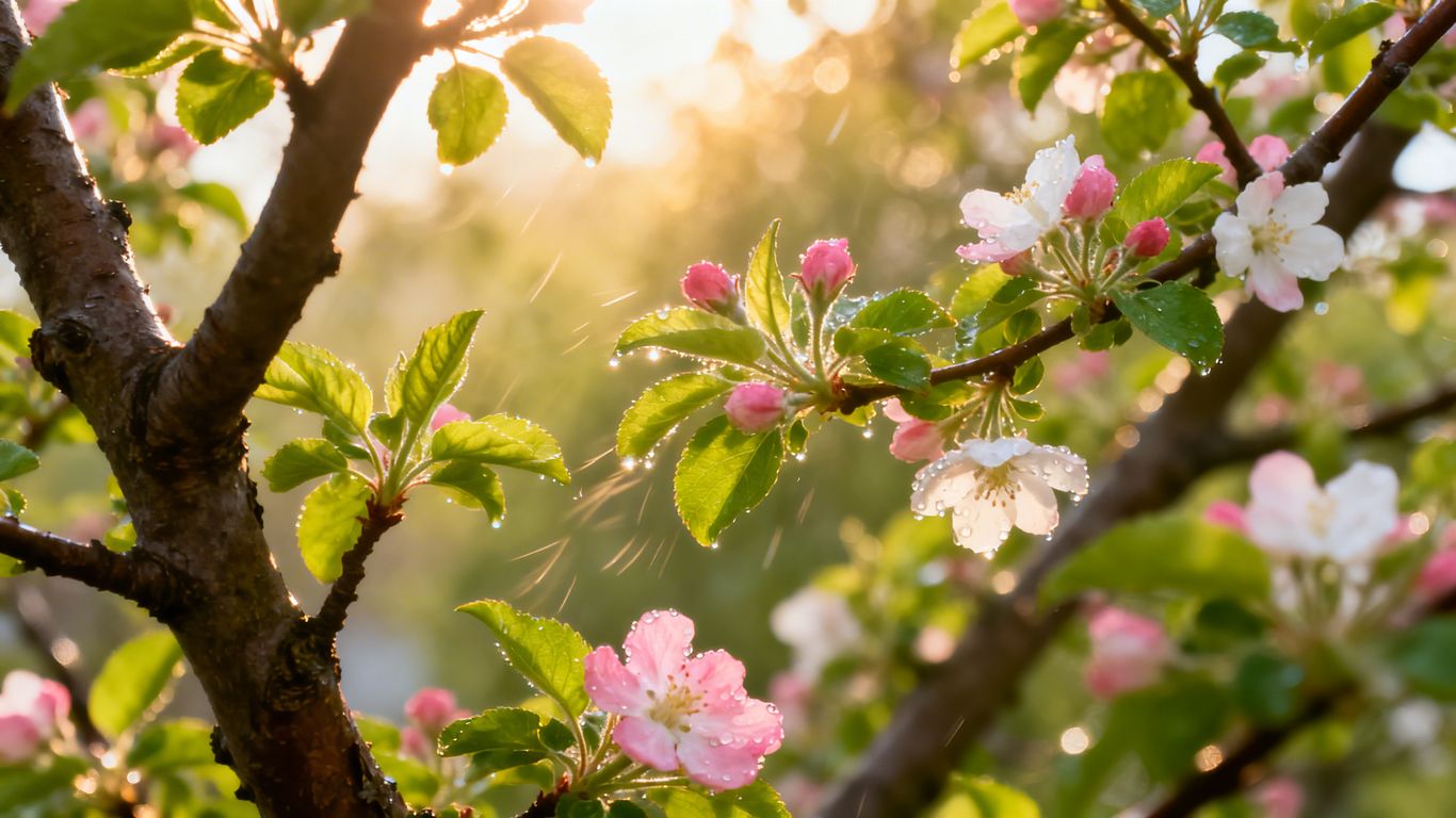 Spring foliage and blossoms with sunlight filtering through.