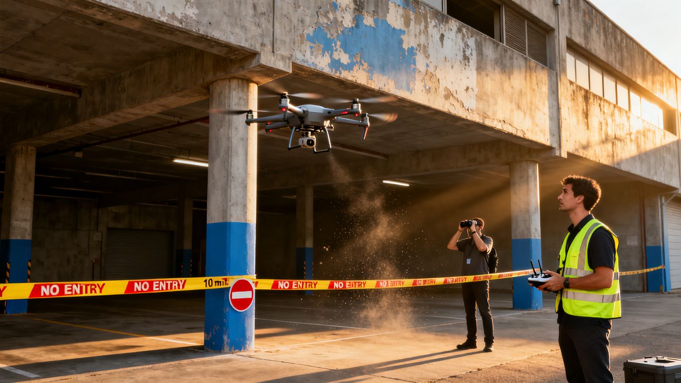 Pilot coordinating safe drone garage inspection