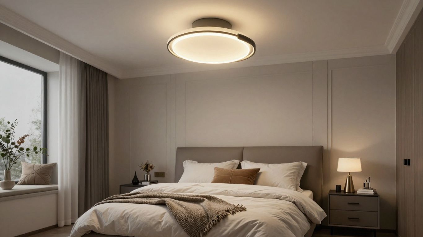 Stylish bedroom ceiling lamp casting warm light.