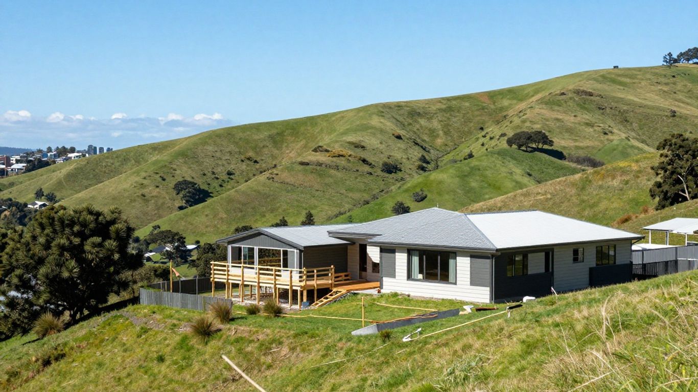 Modern house construction on New Zealand hills.