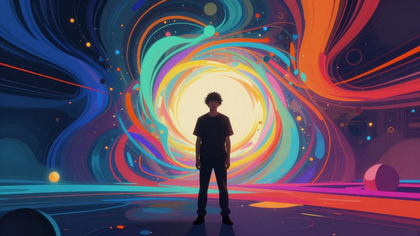 Musician in front of abstract AI art.