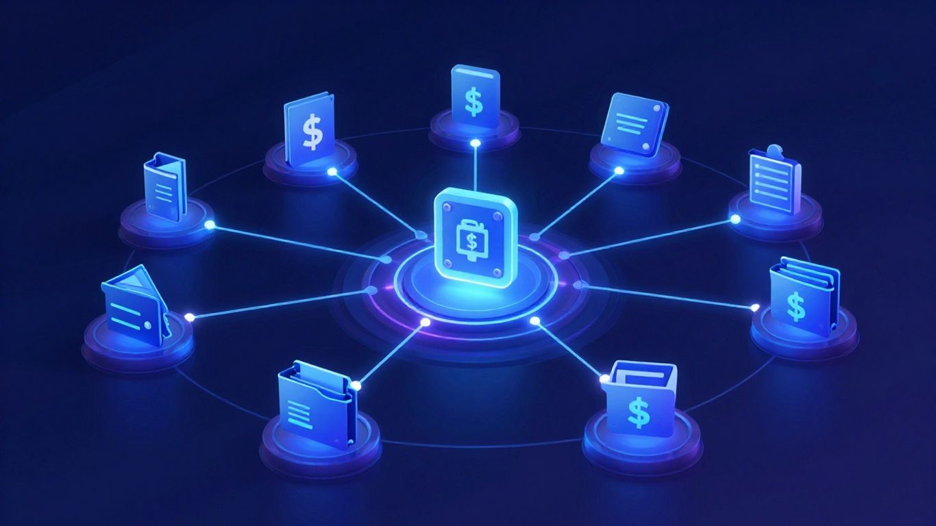 Digital wallets and blockchain network infographic.