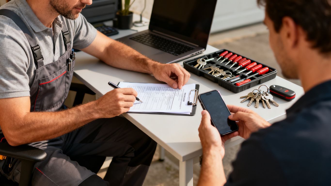 Locksmith discussing service pricing with customer