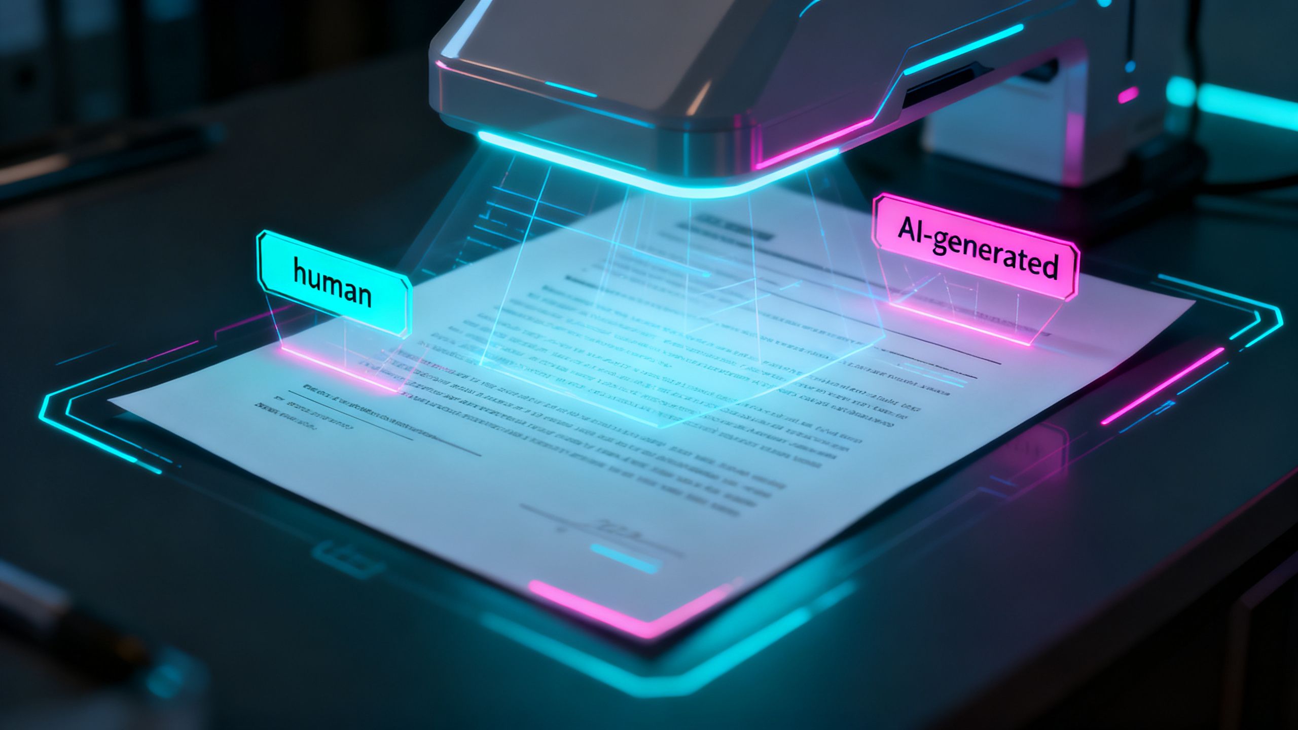 A conceptual image showing a document being scanned by a futuristic interface, highlighting sections as either 'human' or 'AI-generated'.