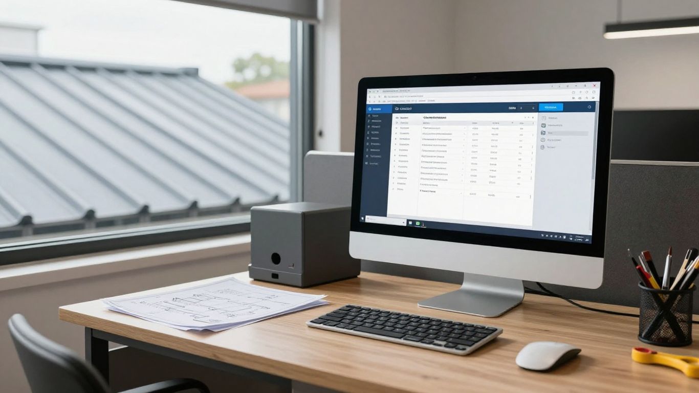 Roofing business management software dashboard on a computer.