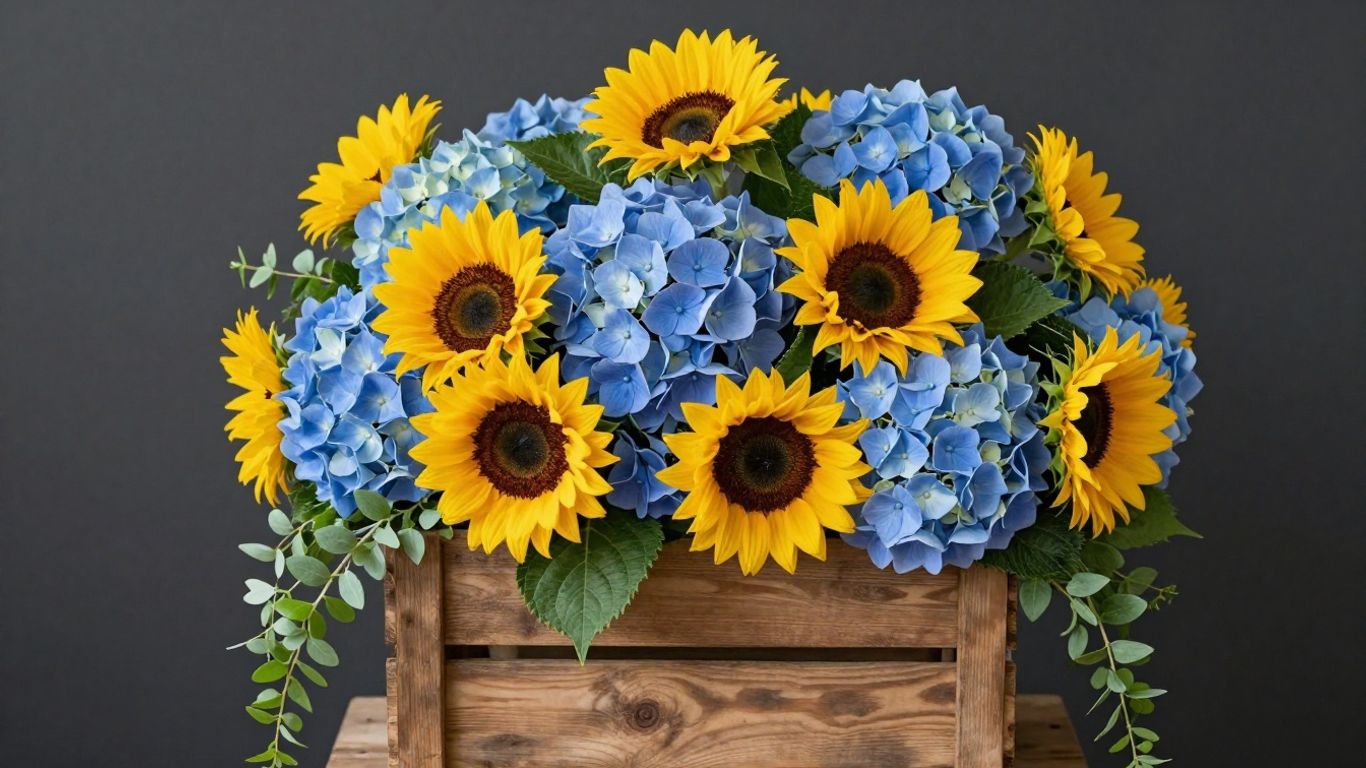 Bright flower arrangement in a wooden crate for a new dad.