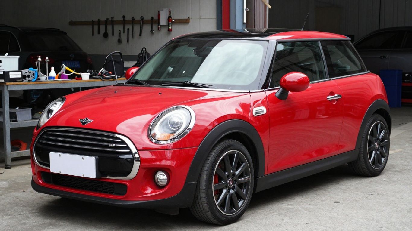 Red Mini Cooper at a parts and wreckers service.