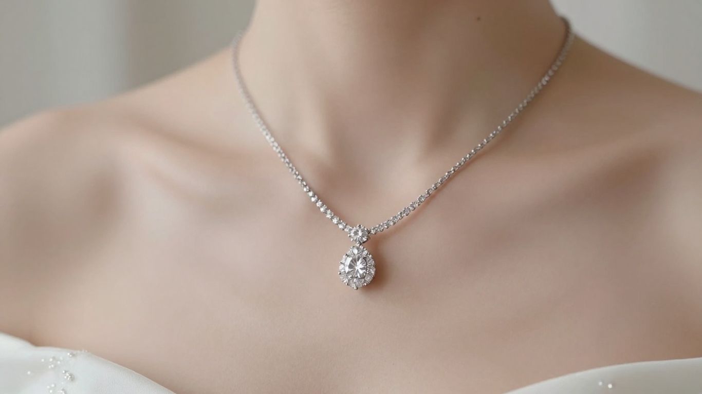 Bride wearing a sparkling diamond necklace on wedding day.
