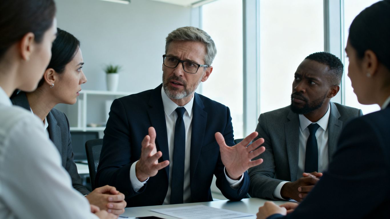 Business people communicating during a crisis meeting.