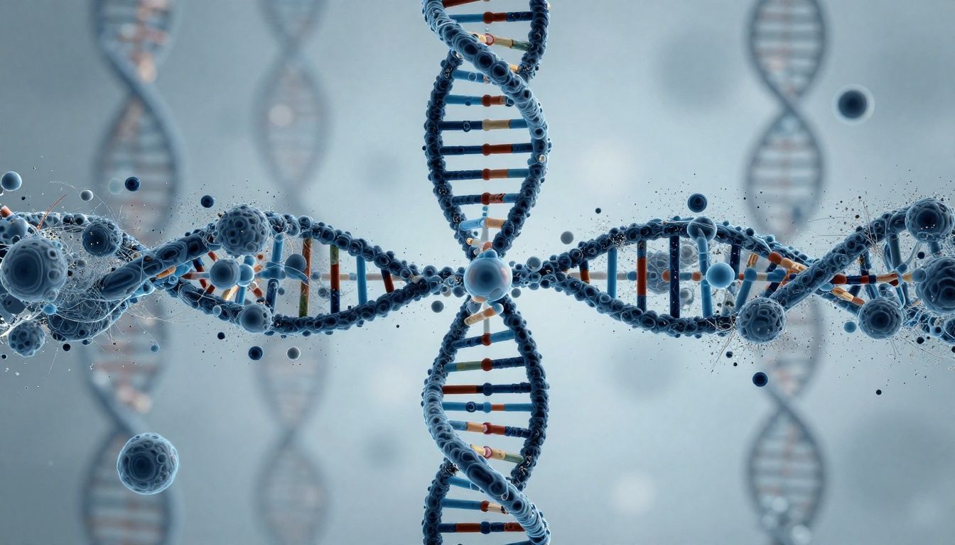 A stylized visualization of cellular biology and DNA strands