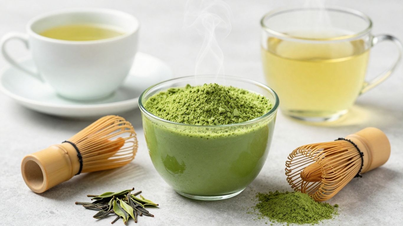 Green matcha powder and tea leaves with a whisk.