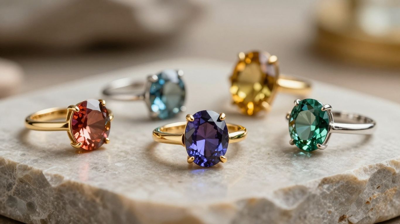 Close-up of gemstones set in mixed metals
