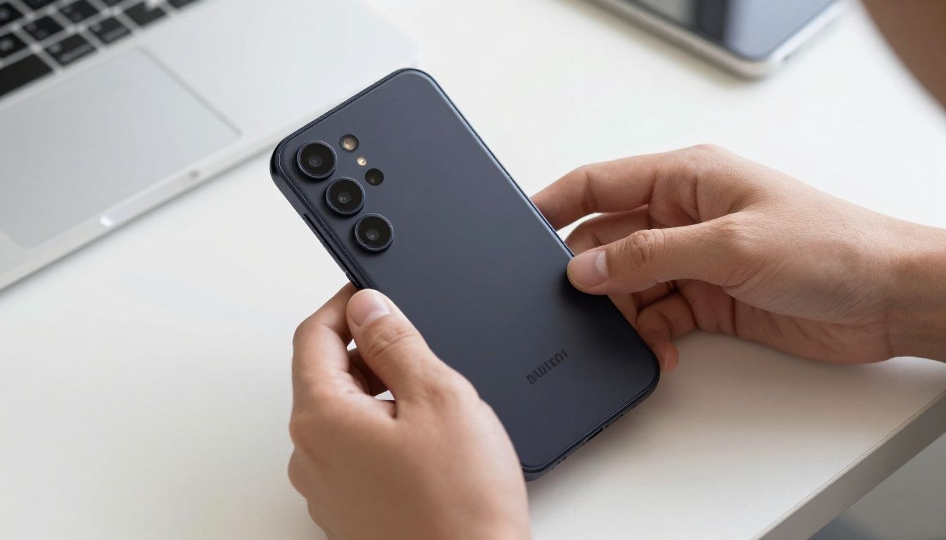 A person carefully placing their Galaxy S26 Ultra into a protective case, with a clean, modern desk in the background.