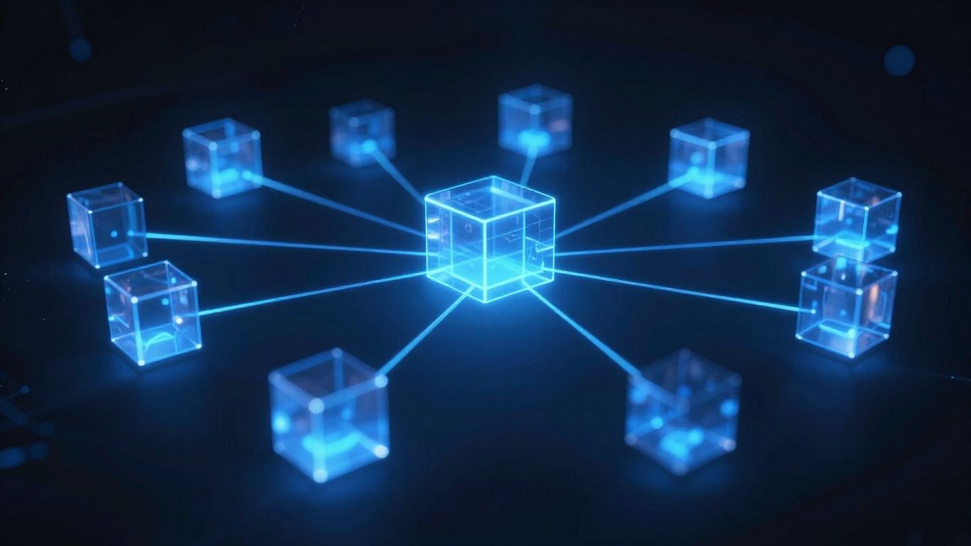 Interconnected digital blocks forming a blockchain network.