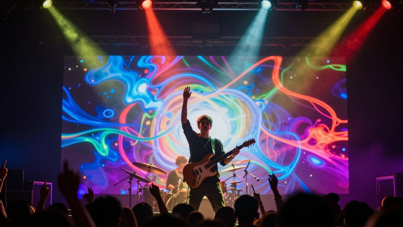 Musician in colorful lights with abstract visuals