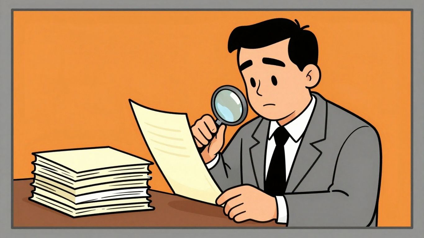 Lender reviewing documents with magnifying glass.