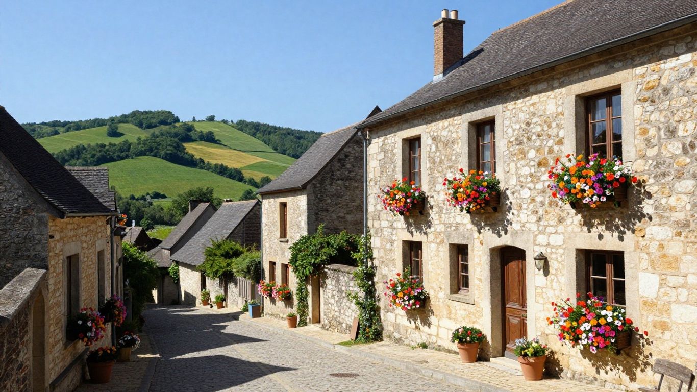 Charming French medieval village with stone buildings and cobblestone streets.