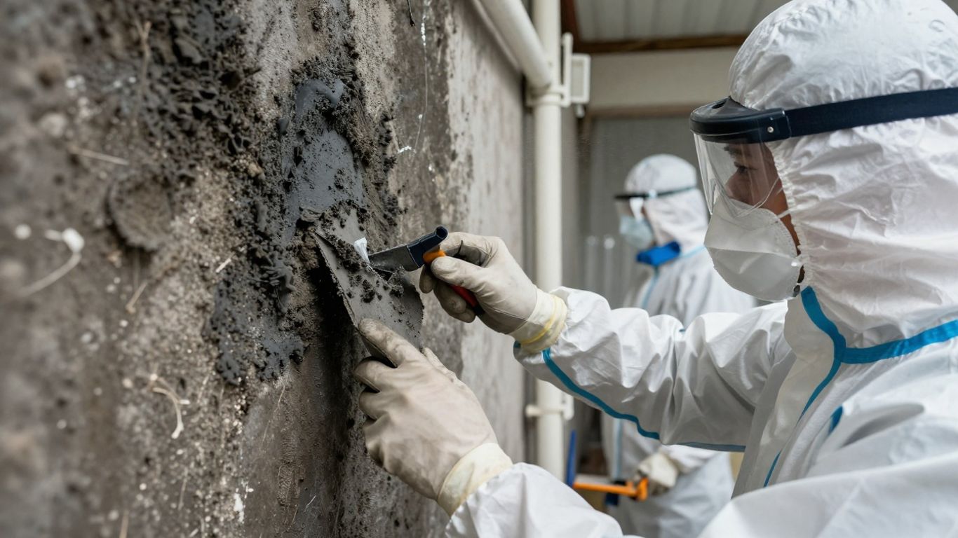 Black mold removal process on a wall.
