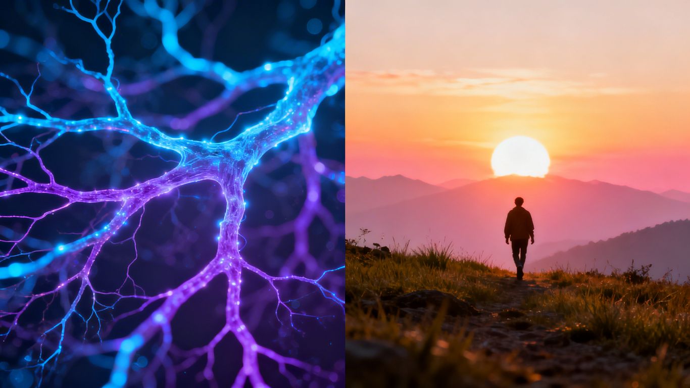 Brain pathways and a person walking towards sunrise.