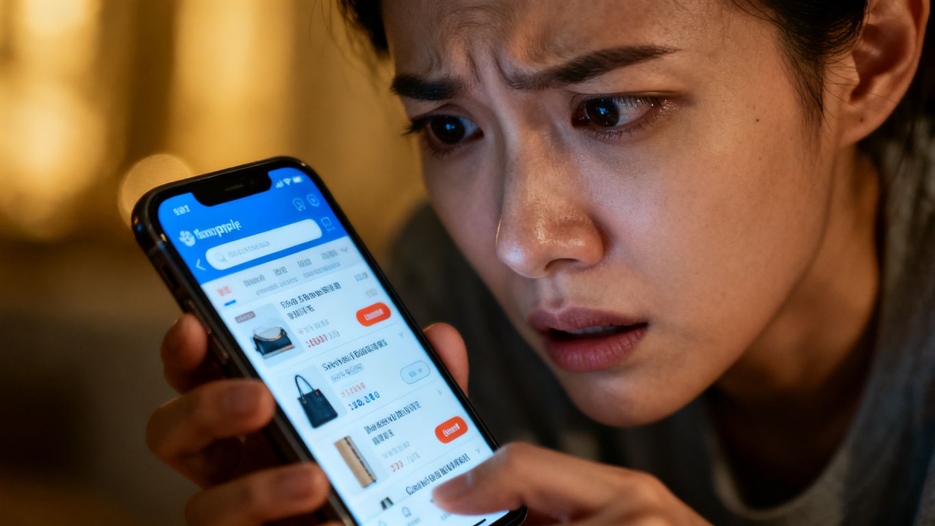 Buyer wary of online marketplace scam on phone.