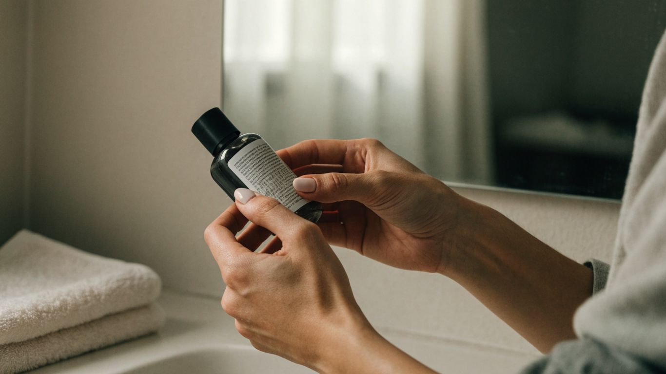 A person reading a lubricant label beside a softly lit bathroom mirror