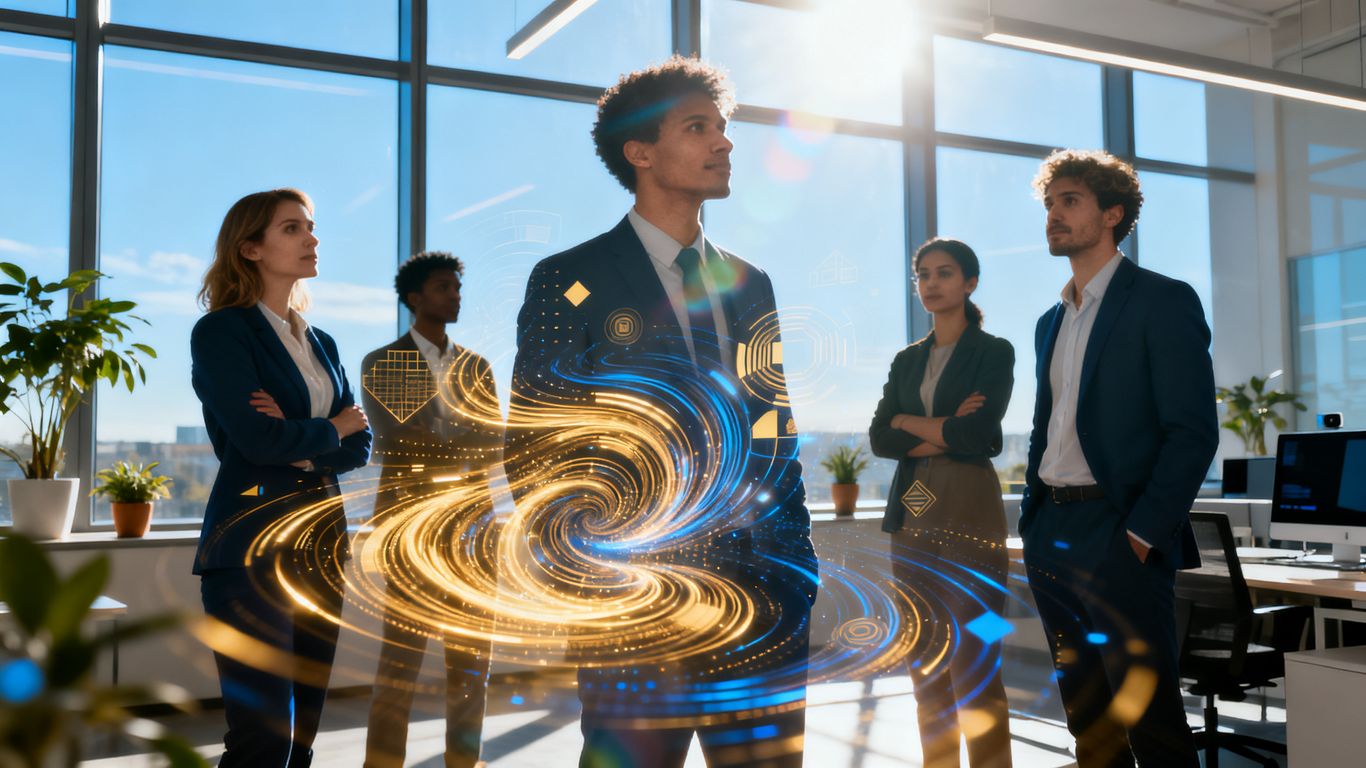 Professionals interacting with abstract AI visuals in an office.
