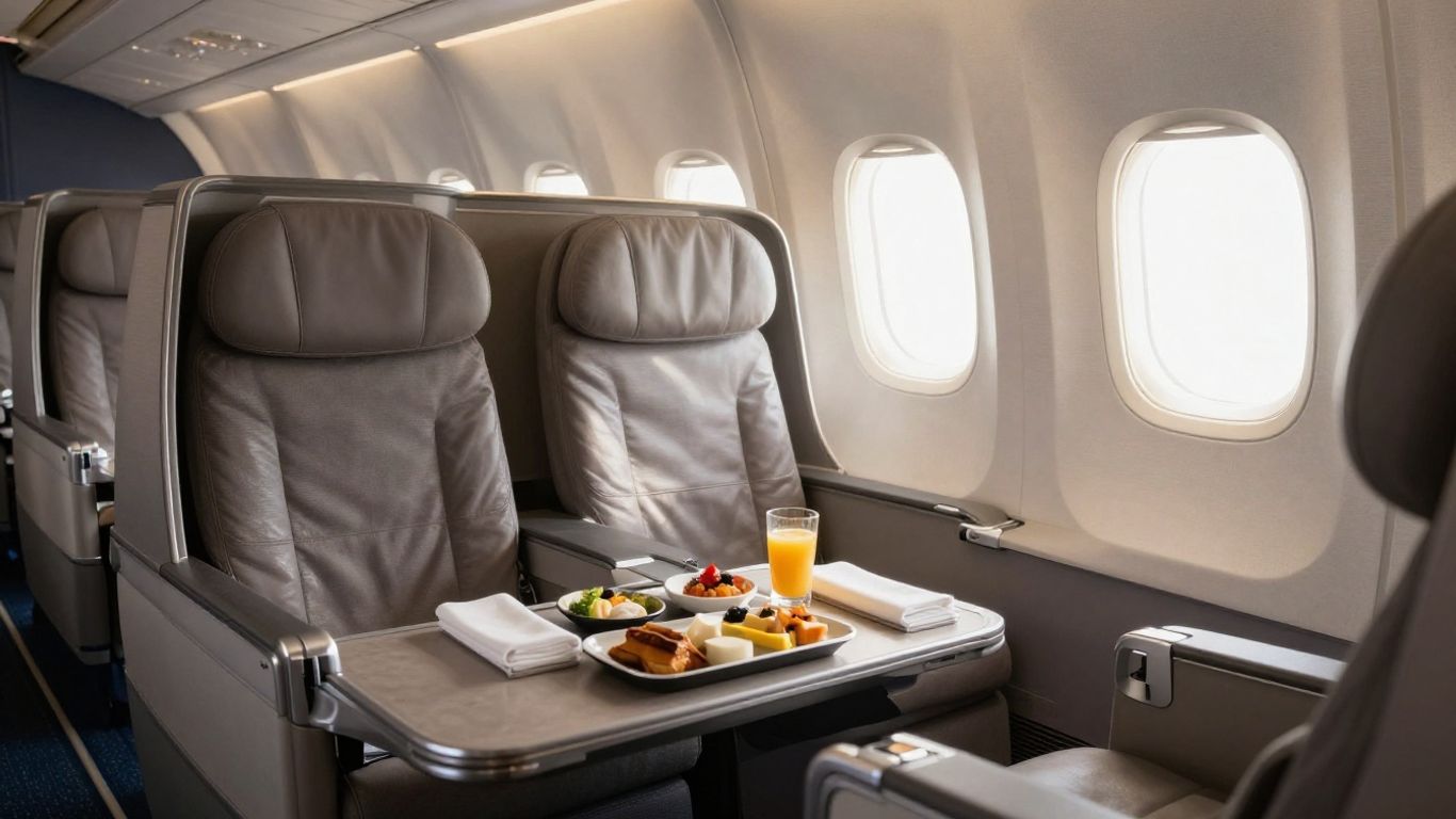 Luxurious airplane cabin interior with plush seating and ambient lighting.