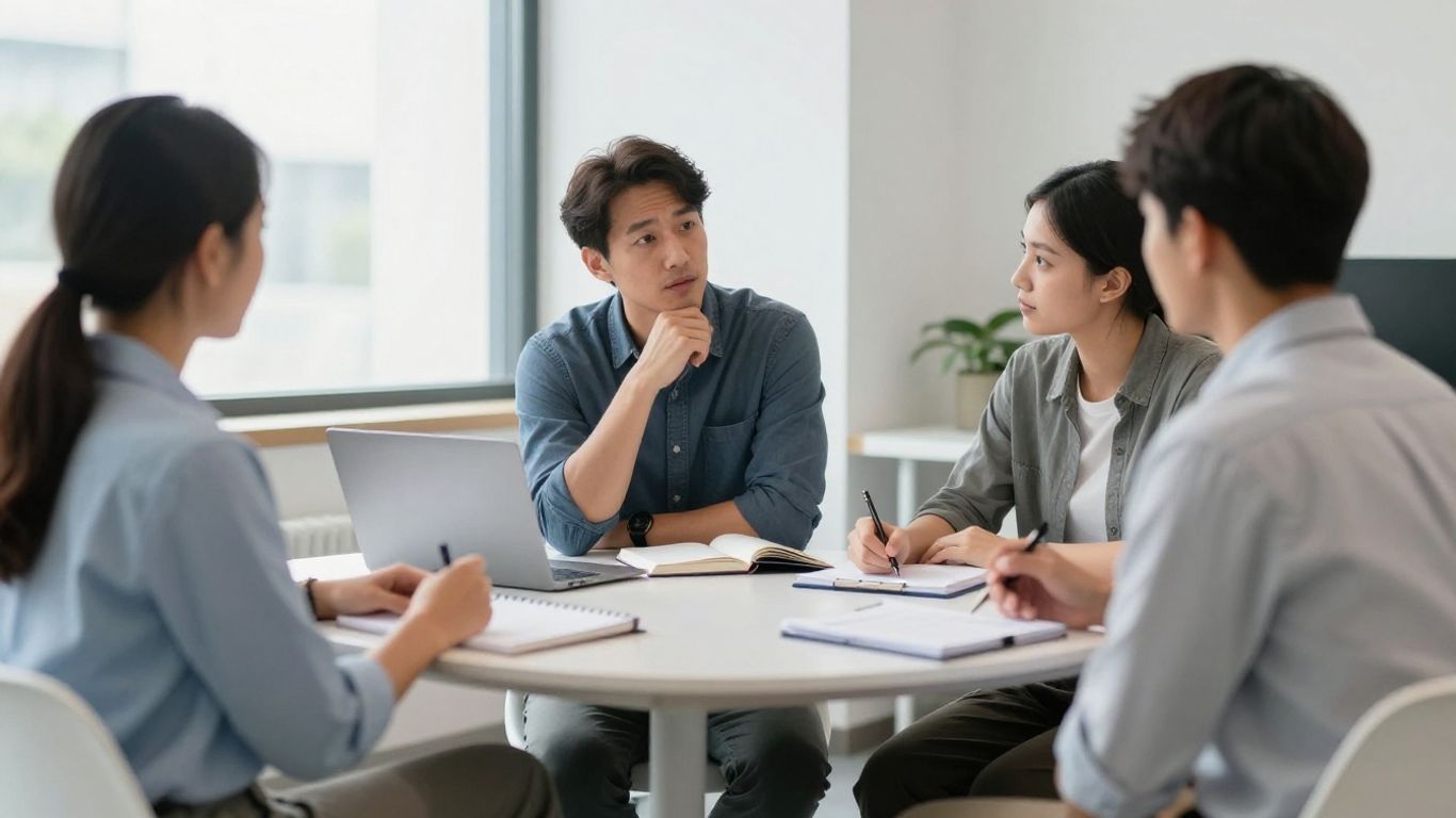 A manager coaching a diverse team