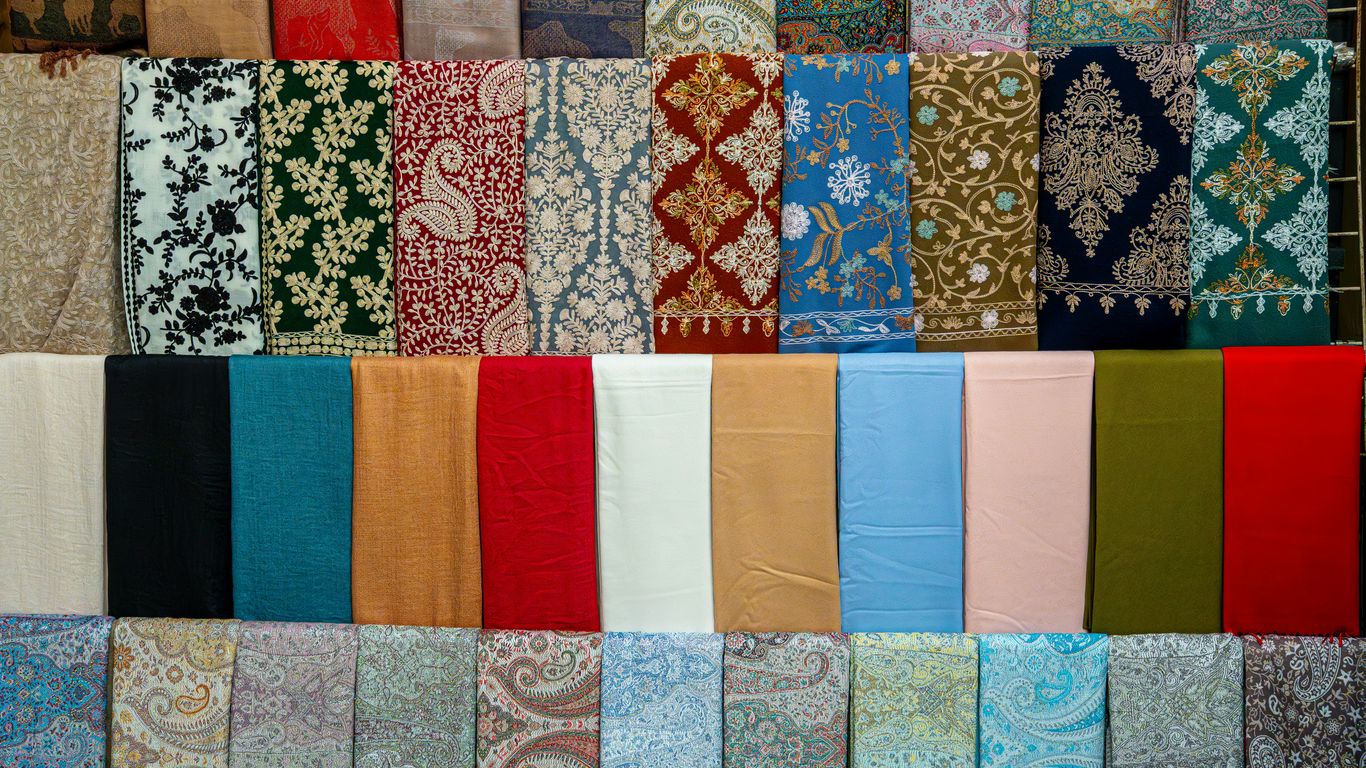 Textile rolls in a busy Chinese market