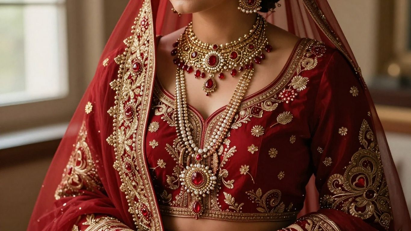 Traditional bride wearing layered gold jewellery