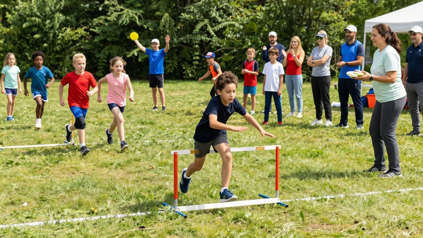 Children running and jumping at Little Athletics Helensvale event.