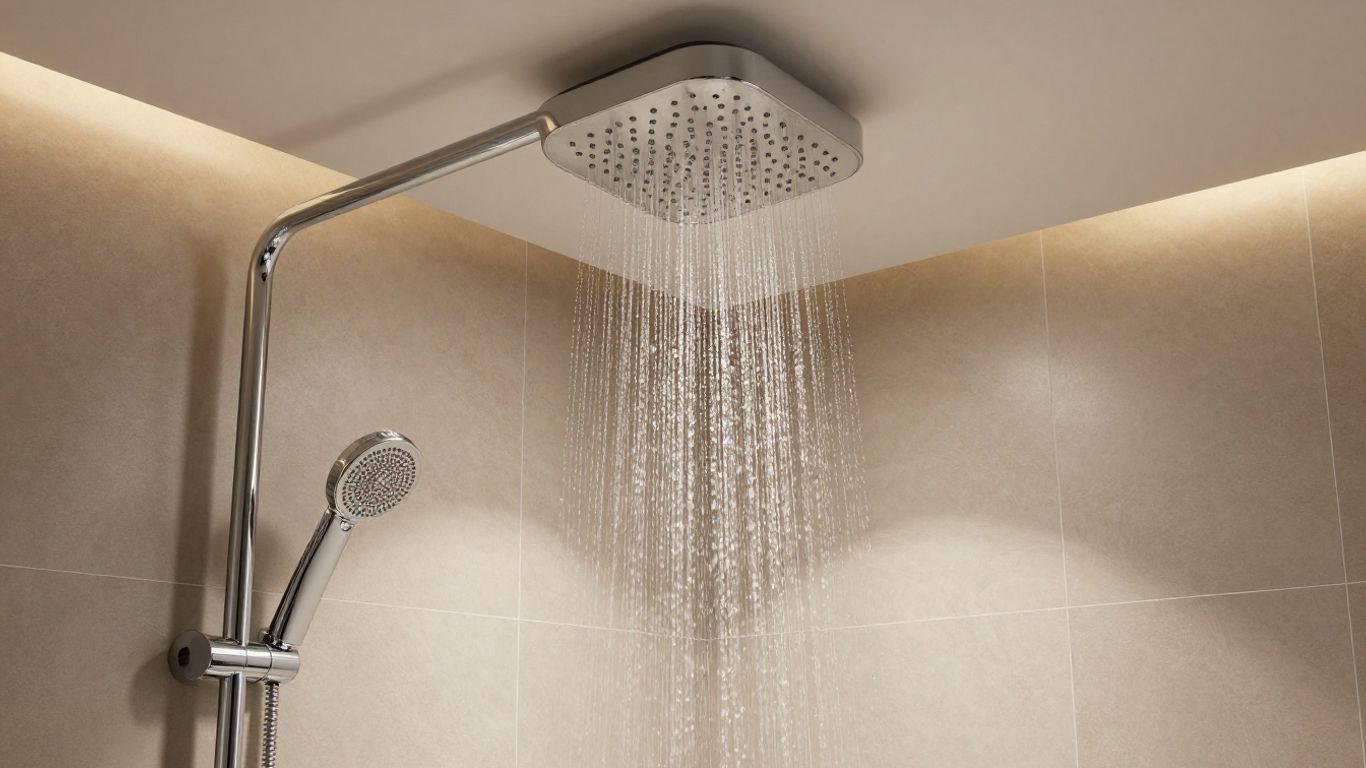 Modern ceiling mounted shower head with cascading water.