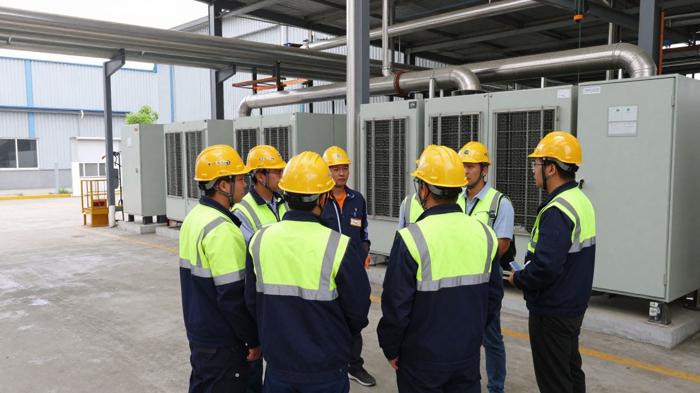 Technicians reviewing fuel cell equipment outdoors
