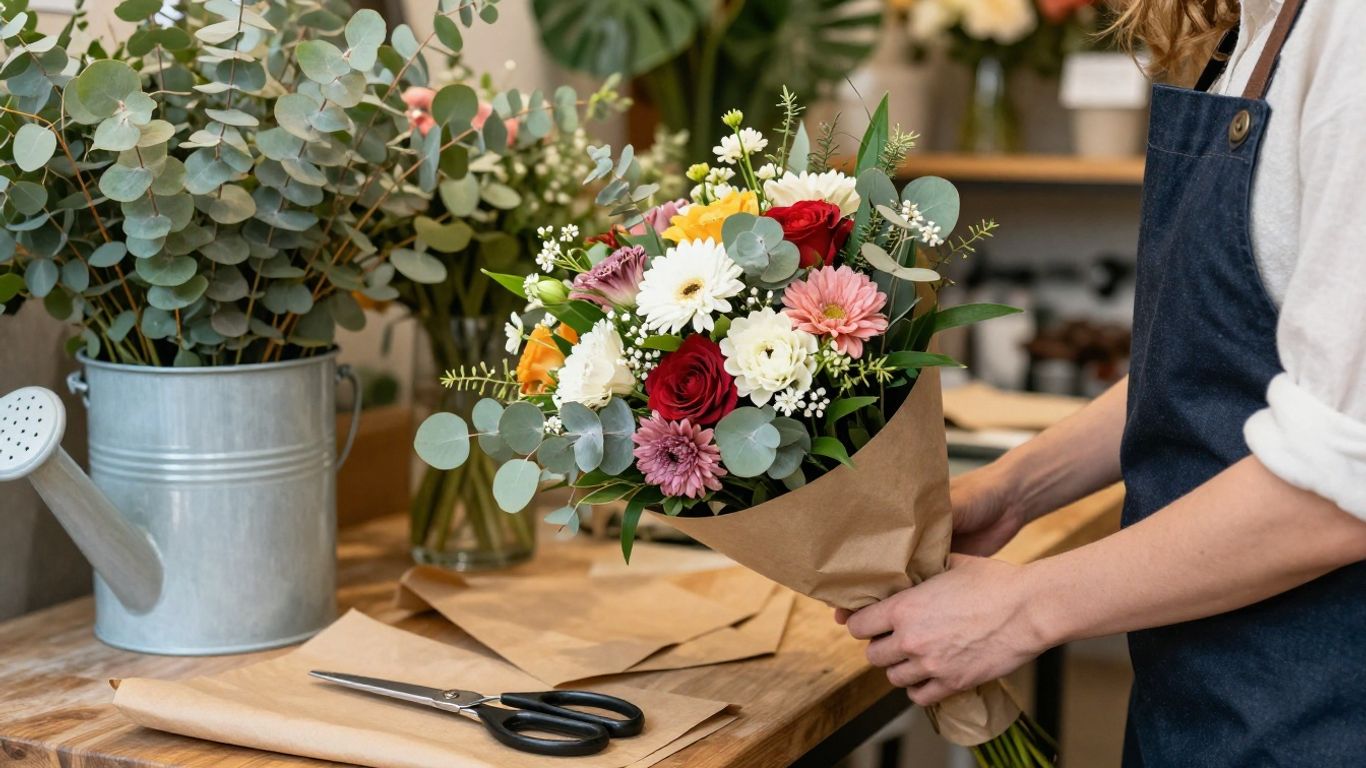 Florist arranging fresh bouquets for local delivery