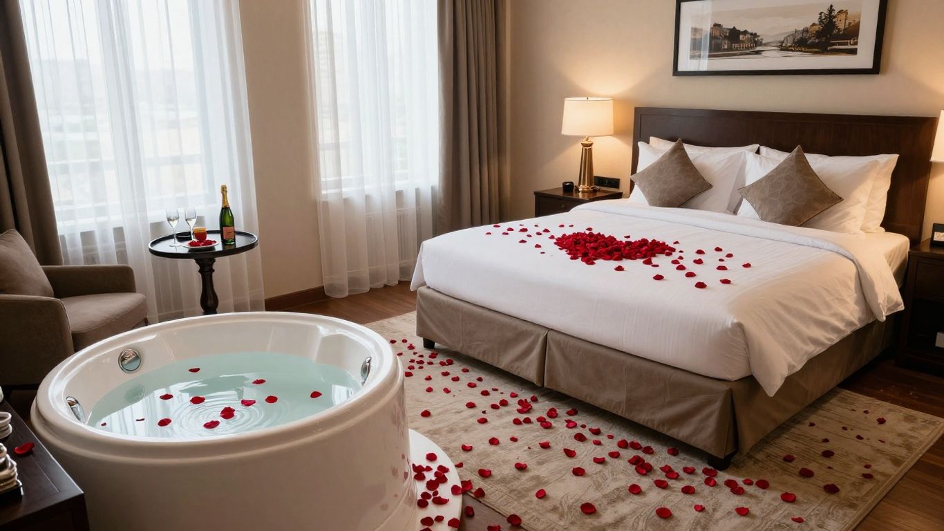 Chambre romantique avec jacuzzi et pétales de roses