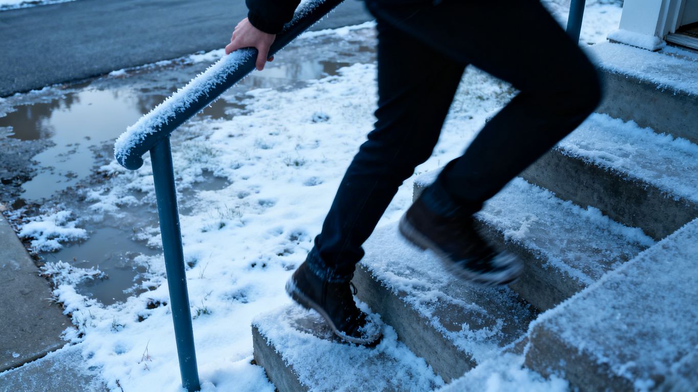 Person carefully walking on icy steps.