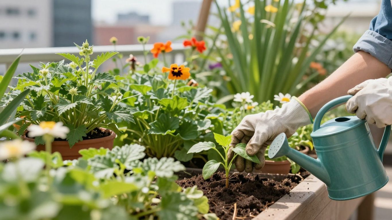 Stadtgarten im Sonnenschein mit blühenden Pflanzen und Händen beim Gärtnern.