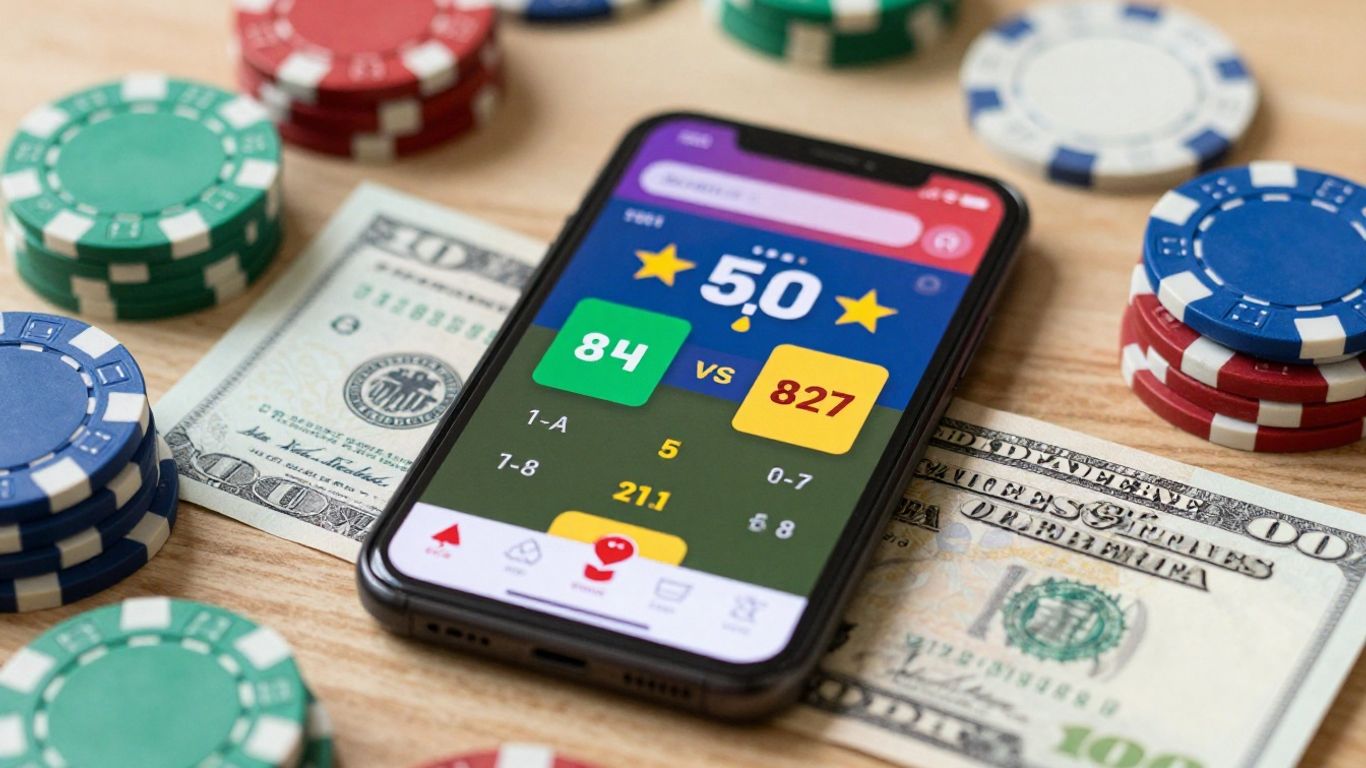 Phone, poker chips, and cash on table for betting.